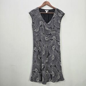 Garnet Hill Dress 4 Gray Fan Print Sleeveless V-Neck 100% Silk Short Flare Lined